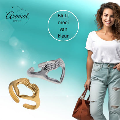 Open Ring RVS Hart met Handen Symbool (14 mm Breed) - Aramat Jewels - Ringen - cadeautip