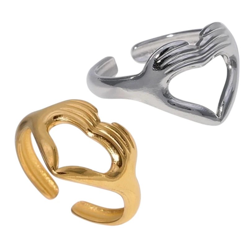 Open Ring RVS Hart met Handen Symbool (14 mm Breed) - Aramat Jewels - Ringen - cadeautip