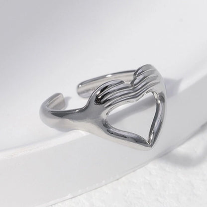 Open Ring RVS Hart met Handen Symbool (14 mm Breed) - Aramat Jewels - Ringen - cadeautip