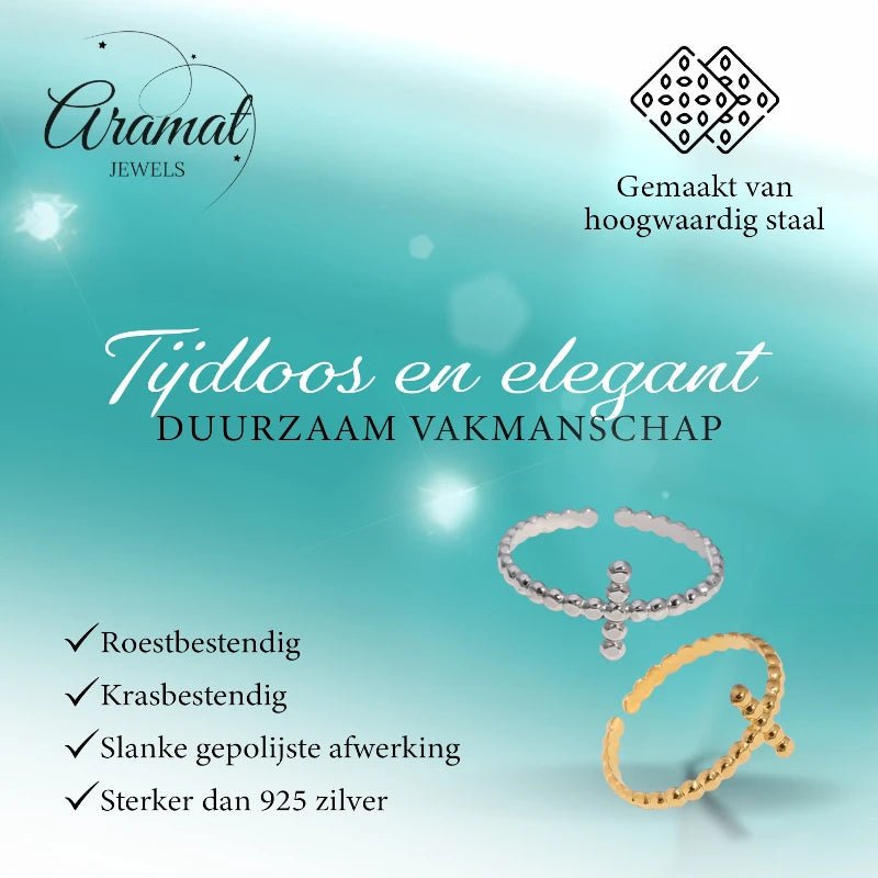 Open Ring RVS met Bolletjesmotief en Kruisje (10 mm) - Aramat Jewels - Ringen - cadeautip