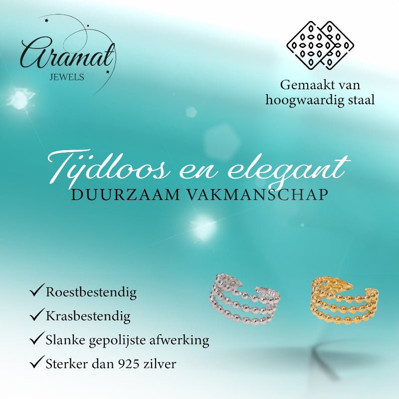 Open Ring RVS met Drie Bolletjeslijnen (10 mm) - Aramat Jewels - Ringen - cadeautip