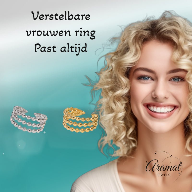 Open Ring RVS met Drie Bolletjeslijnen (10 mm) - Aramat Jewels - Ringen - cadeautip