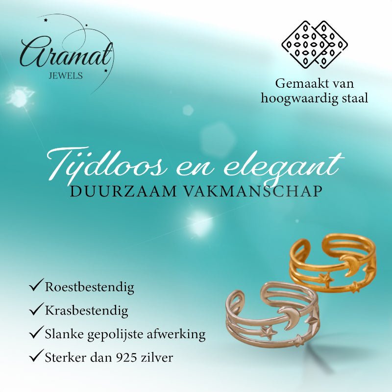 Open Ring RVS met Drie Sterren en Maan (9 mm) - Aramat Jewels - Ringen - cadeautip