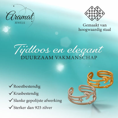 Open Ring RVS met Drie Sterren en Maan (9 mm) - Aramat Jewels - Ringen - cadeautip