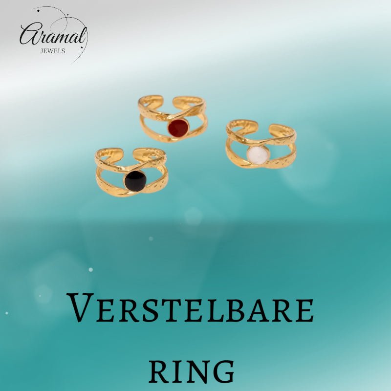 Open Ring RVS met Gehamerd Motief en Emaille Cirkel (9,5 mm) - Aramat Jewels - Ringen - cadeautip