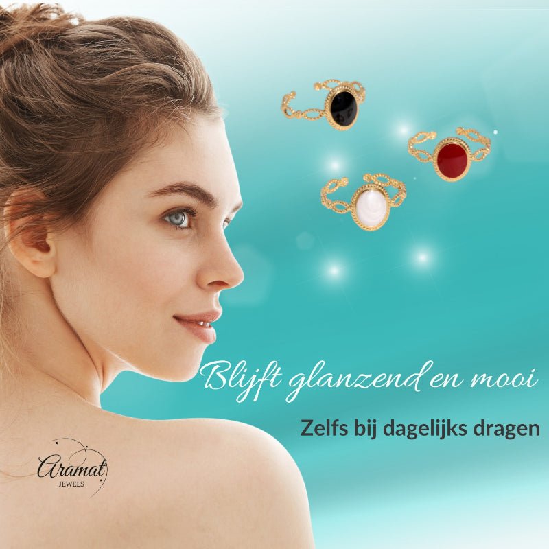 Open Ring RVS Ovaal Emaille met Dot Reliëf (Goudkleurig) - Aramat Jewels - Ringen - cadeautip