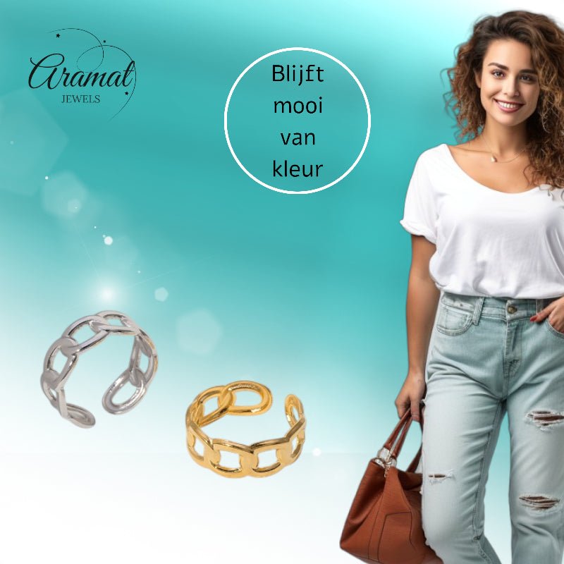 Open Ring Schakel Motief: Gladde en Fijne Schakelband (8 mm) - Aramat Jewels - Ringen - cadeautip