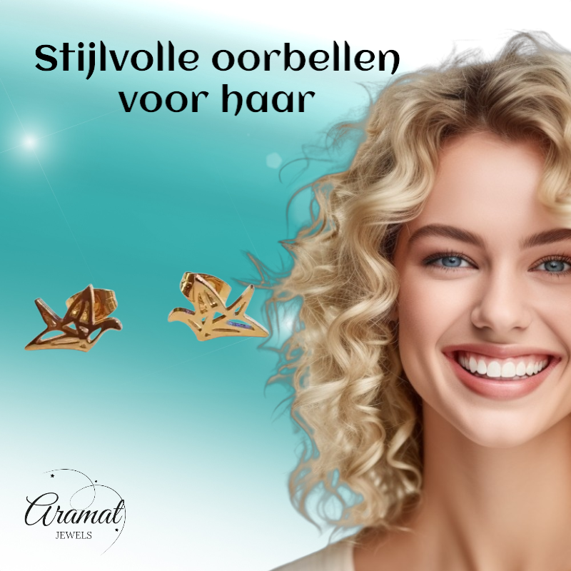 Goudkleurige Vogel Oorbellen Origami 9mm