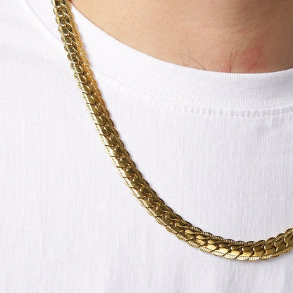 Platte Gourmet Ketting met bewerkte rand 6mm Goudkleurig Staal - Aramat Jewels - RVS Sieraden - Halskettingen - cadeautip