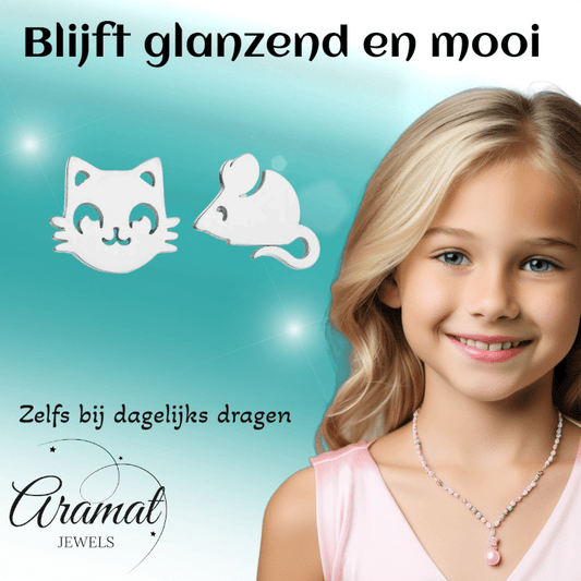 Poes en Muis Oorbellen 10mm Zilverkleurig Staal - Aramat Jewels - RVS Sieraden - Oorbellen - cadeautip
