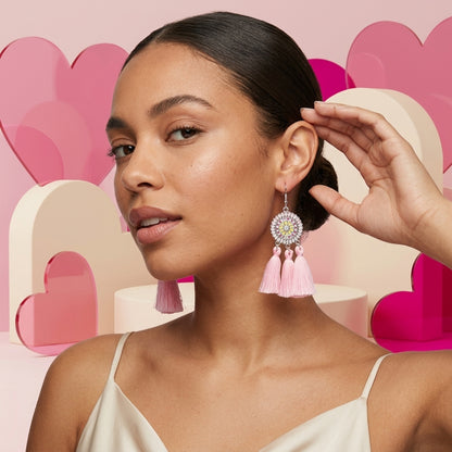 Zomerse Boho Oorhangers Kwastjes Roze 75mm
