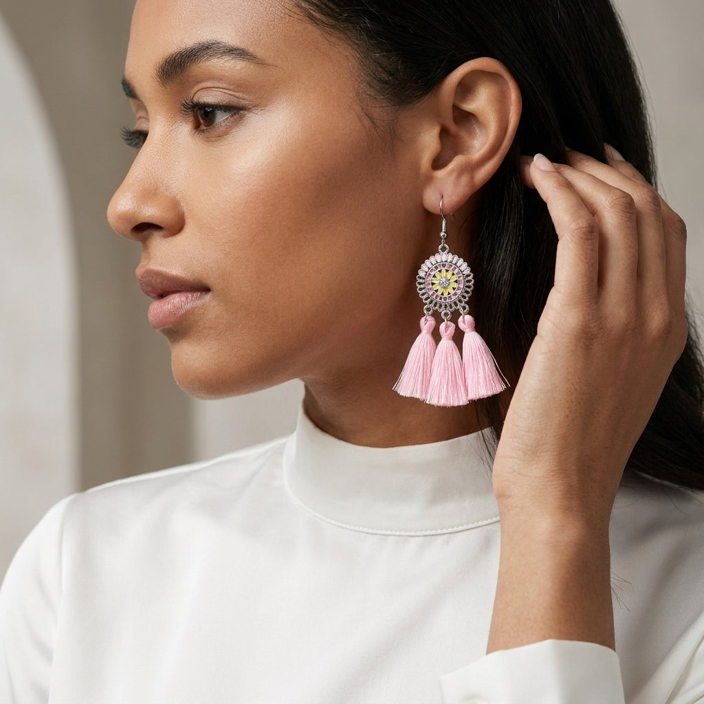 Zomerse Boho Oorhangers Kwastjes Roze 75mm