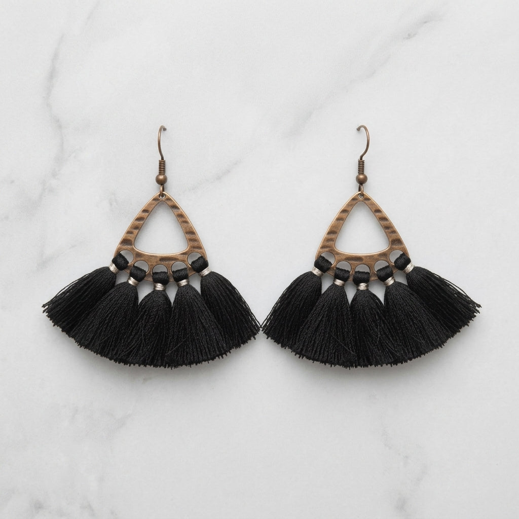 Boho Oorhangers met Kwastjes – Zwart 55x30mm