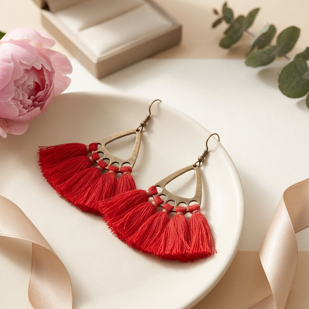 Boho Oorhangers met Kwastjes – Rood 55x30mm