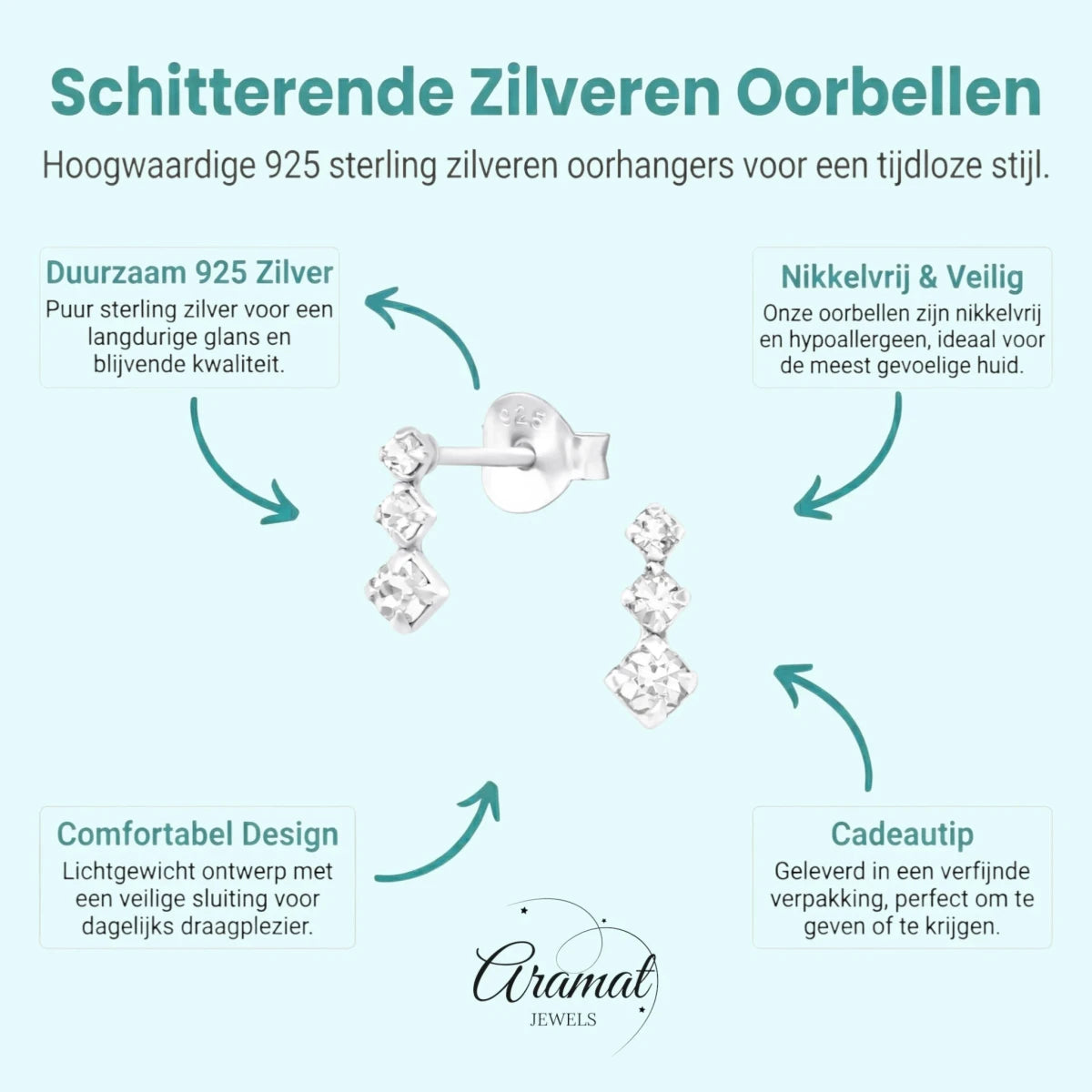Prachtige Zilveren Kinder Oorbellen met Kristallen - Aramat Jewels - Oorbellen - cadeautip