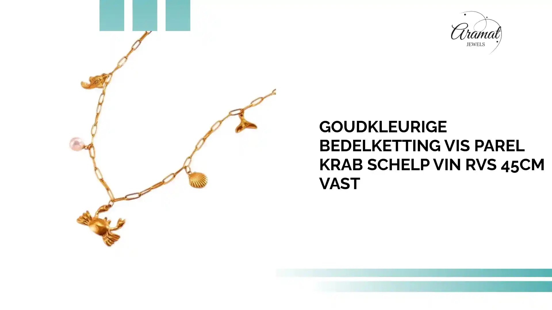 Goudkleurige Bedelketting Vis Parel Krab Schelp Vin RVS 45cm Vast by@Outfy