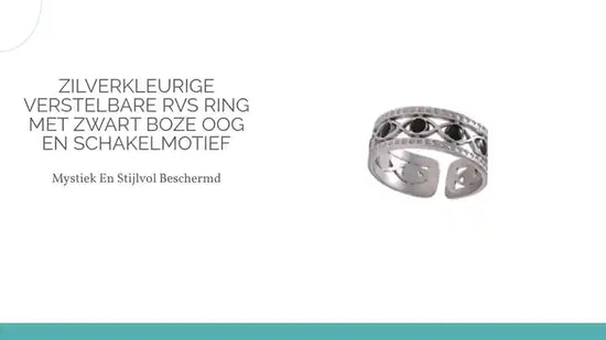 Zilverkleurige Verstelbare RVS Ring met Zwart Boze Oog en Schakelmotief by@Outfy
