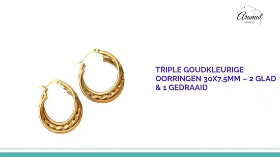 Triple Goudkleurige Oorringen 30x7,5mm &ndash; 2 Glad &amp; 1 Gedraaid by@Outfy
