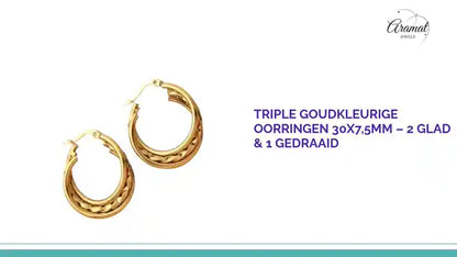Triple Goudkleurige Oorringen 30x7,5mm &ndash; 2 Glad &amp; 1 Gedraaid by@Outfy