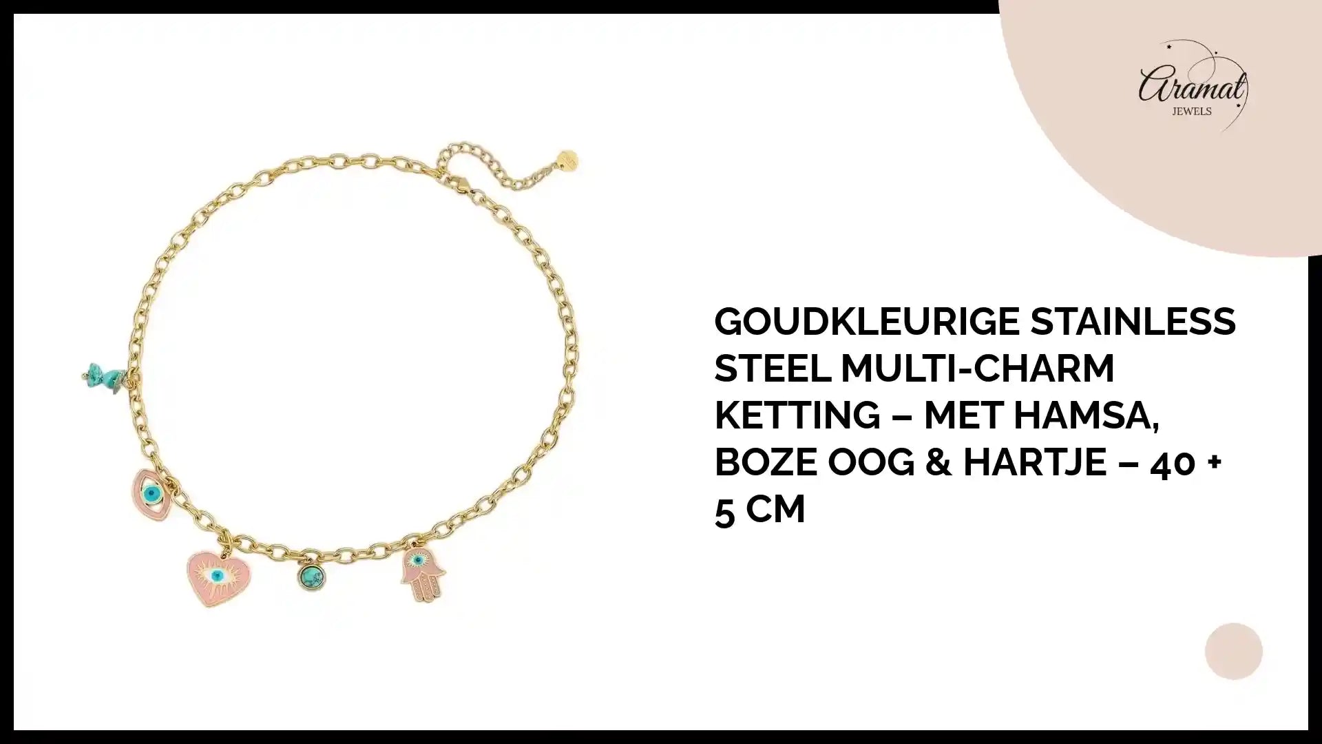 Goudkleurige stainless steel multi-charm ketting &ndash; met hamsa, boze oog &amp; hartje &ndash; 40 + 5 cm by@Outfy