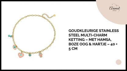 Goudkleurige stainless steel multi-charm ketting &ndash; met hamsa, boze oog &amp; hartje &ndash; 40 + 5 cm by@Outfy