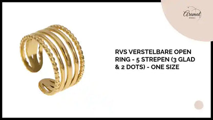 RVS Verstelbare Open Ring - 5 Strepen (3 Glad &amp; 2 Dots) - One Size by@Outfy
