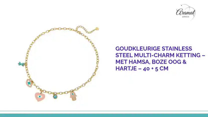 Goudkleurige stainless steel multi-charm ketting &ndash; met hamsa, boze oog &amp; hartje &ndash; 40 + 5 cm by@Outfy