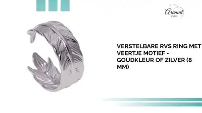 Verstelbare RVS Ring met Veertje Motief - Goudkleur of Zilver (8 mm) by@Outfy