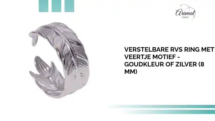 Verstelbare RVS Ring met Veertje Motief - Goudkleur of Zilver (8 mm) by@Outfy