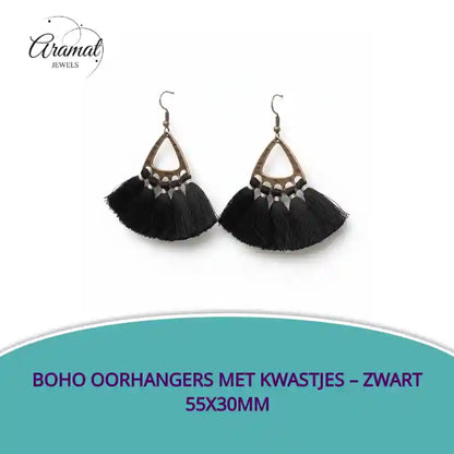 Boho Oorhangers met Kwastjes &ndash; Zwart 55x30mm by@Outfy