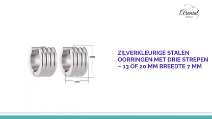 Zilverkleurige Stalen Oorringen met Drie Strepen &ndash; 13 of 20 mm Breedte 7 mm by@Outfy