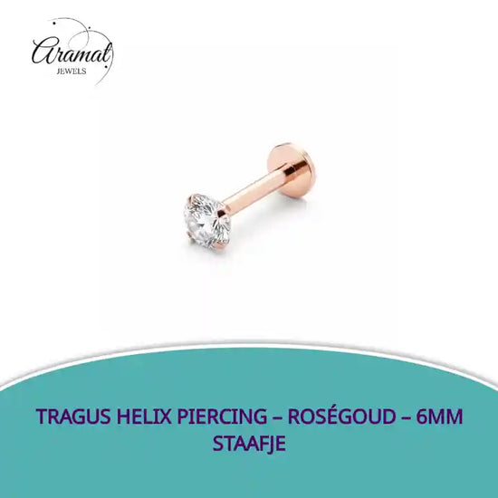 Tragus Helix Piercing &ndash; Ros&eacute;goud &ndash; 6mm Staafje by@Outfy