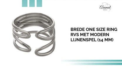 Brede One Size Ring RVS met Modern Lijnenspel (14 mm) by@Outfy