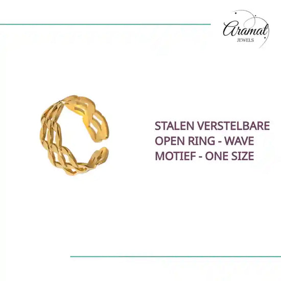 Stalen Verstelbare Open Ring - Wave Motief - One Size by@Outfy