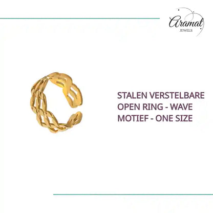 Stalen Verstelbare Open Ring - Wave Motief - One Size by@Outfy