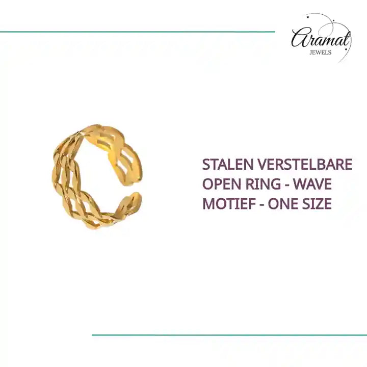 Stalen Verstelbare Open Ring - Wave Motief - One Size by@Outfy