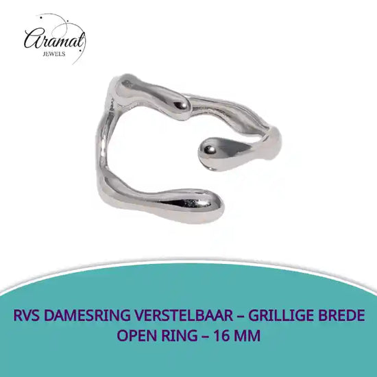 RVS Damesring Verstelbaar &ndash; Grillige Brede Open Ring &ndash; 16 mm by@Outfy