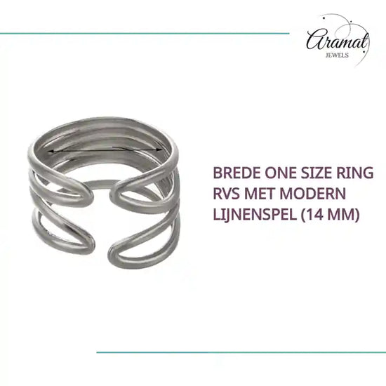 Brede One Size Ring RVS met Modern Lijnenspel (14 mm) by@Outfy