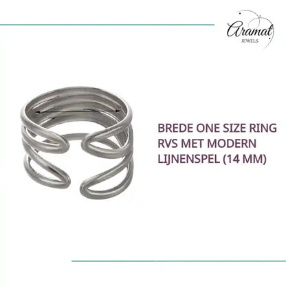Brede One Size Ring RVS met Modern Lijnenspel (14 mm) by@Outfy
