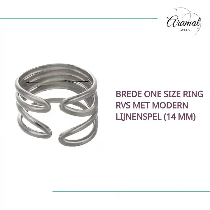 Brede One Size Ring RVS met Modern Lijnenspel (14 mm) by@Outfy