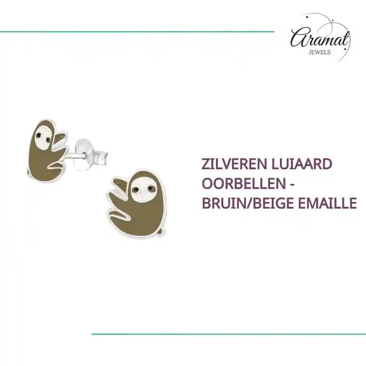 Zilveren Luiaard Oorbellen - Bruin/Beige Emaille by@Outfy