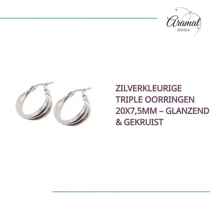 Zilverkleurige Triple Oorringen 20x7,5mm &ndash; Glanzend &amp; Gekruist by@Outfy