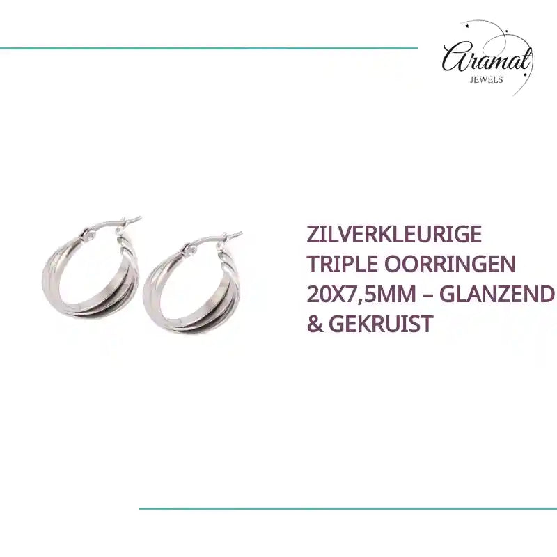 Zilverkleurige Triple Oorringen 20x7,5mm &ndash; Glanzend & Gekruist by@Outfy