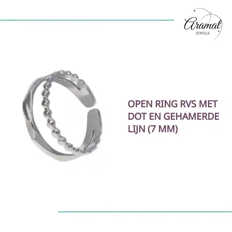 Open Ring RVS met Dot en Gehamerde Lijn (7 mm) by@Outfy