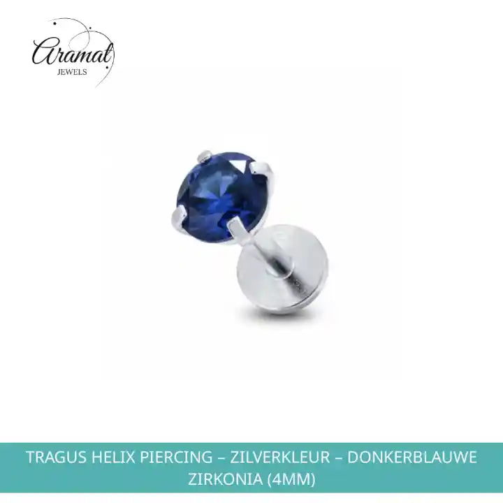 Tragus Helix Piercing &ndash; Zilverkleur &ndash; Donkerblauwe Zirkonia (4mm) by@Outfy