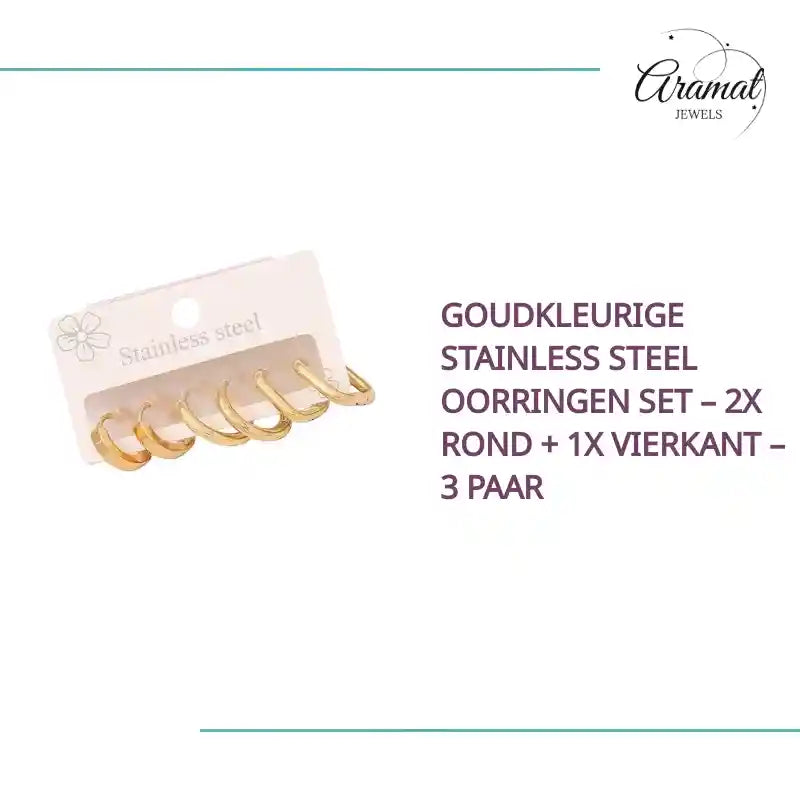 Goudkleurige stainless steel oorringen set &ndash; 2x rond + 1x vierkant &ndash; 3 paar by@Outfy