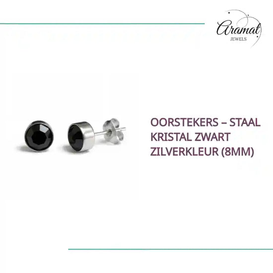 Oorstekers &ndash; Staal Kristal Zwart Zilverkleur (8mm) by@Outfy