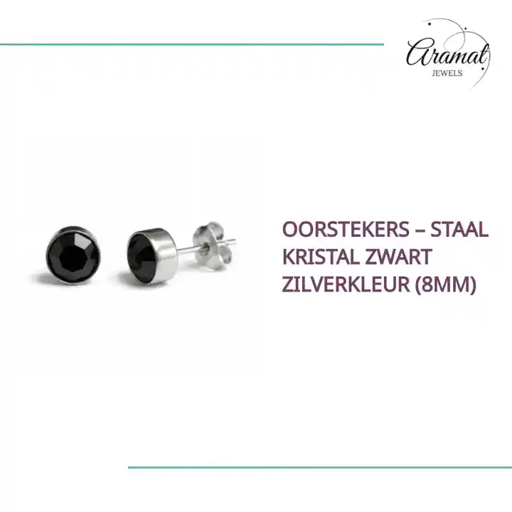 Oorstekers &ndash; Staal Kristal Zwart Zilverkleur (8mm) by@Outfy