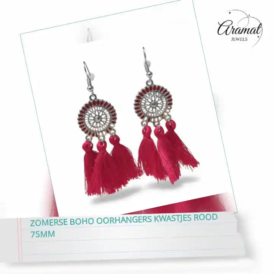 Zomerse Boho Oorhangers Kwastjes Rood 75mm by@Outfy