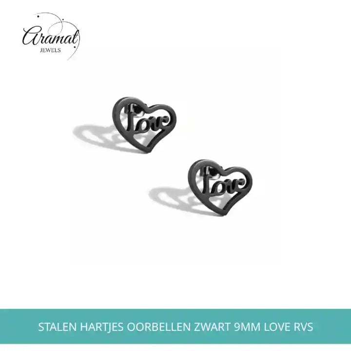 Stalen Hartjes Oorbellen Zwart 9mm Love RVS by@Outfy